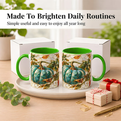 #pl[11oz|Green] Mosaic Teal Pumpkin Coffee Mug, Fall Leaves Mug, Ceramic Cup