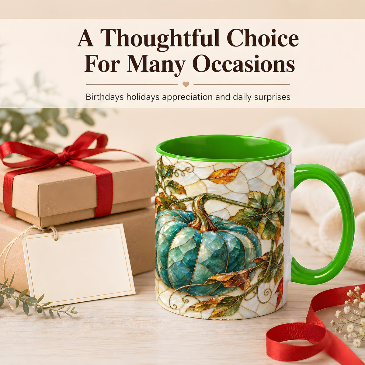 #pl[11oz|Green] Mosaic Teal Pumpkin Coffee Mug, Fall Leaves Mug, Ceramic Cup