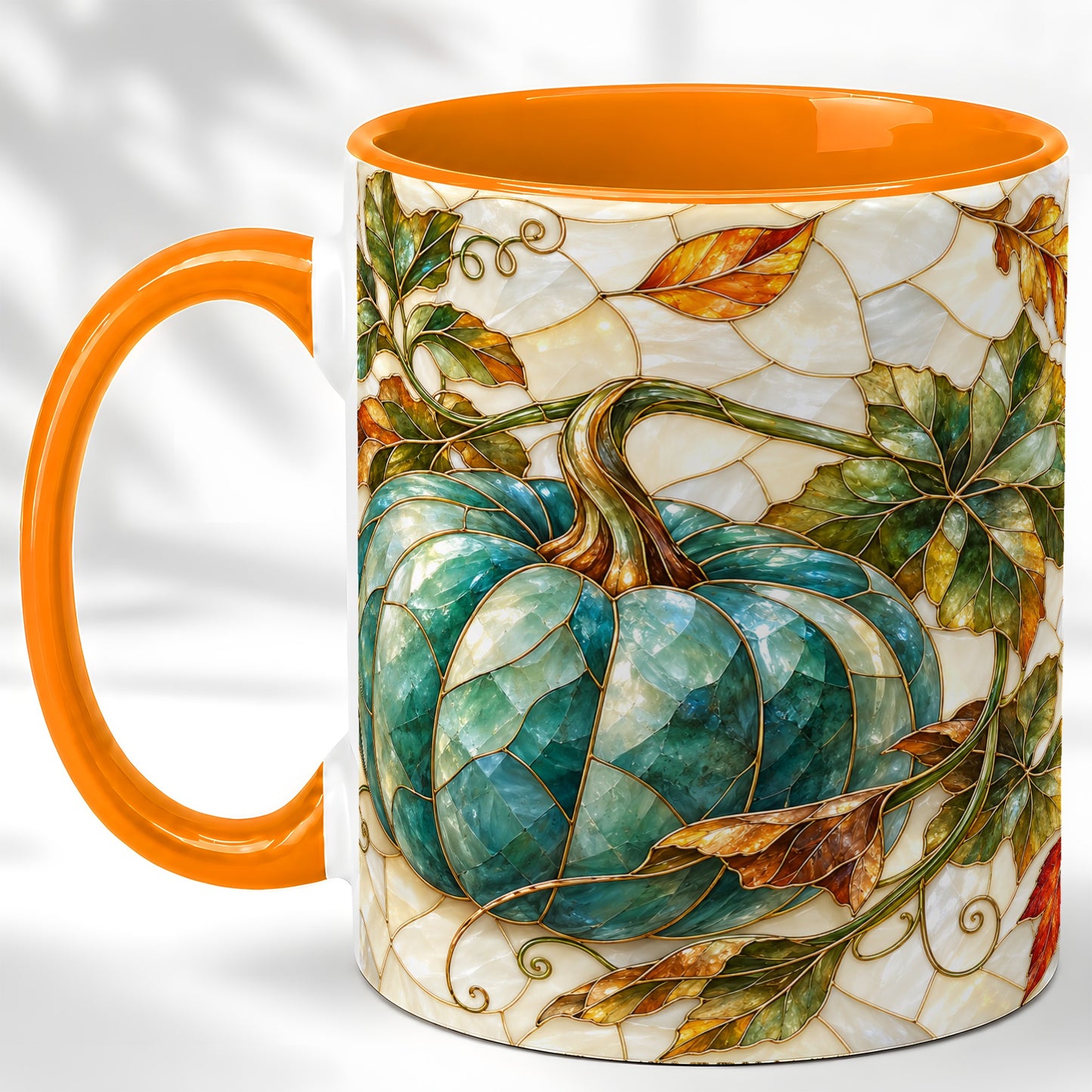 #pl[11oz|Orange] Mosaic Teal Pumpkin Coffee Mug, Fall Leaves Mug, Ceramic Cup
