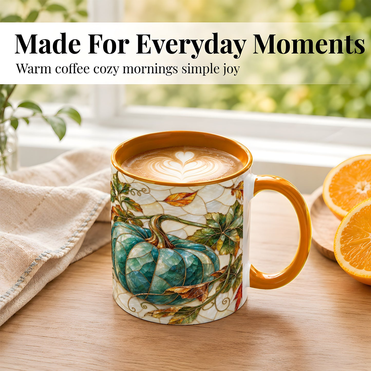 #pl[11oz|Orange] Mosaic Teal Pumpkin Coffee Mug, Fall Leaves Mug, Ceramic Cup