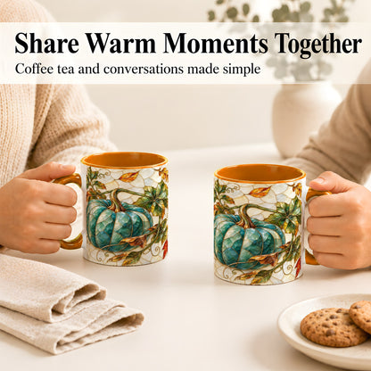 #pl[11oz|Orange] Mosaic Teal Pumpkin Coffee Mug, Fall Leaves Mug, Ceramic Cup