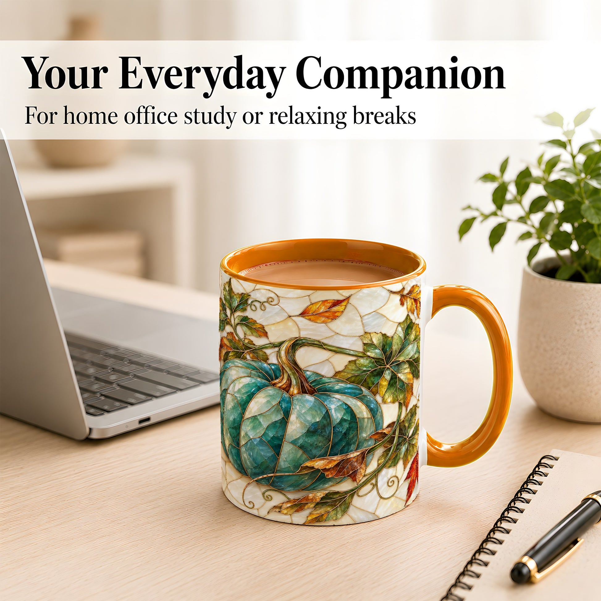 #pl[11oz|Orange] Mosaic Teal Pumpkin Coffee Mug, Fall Leaves Mug, Ceramic Cup
