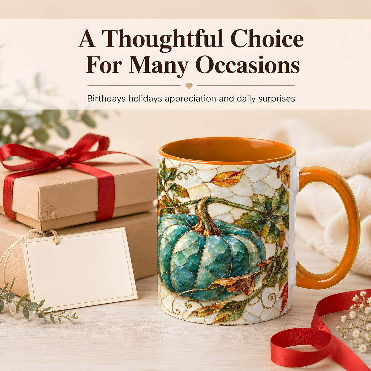 #pl[11oz|Orange] Mosaic Teal Pumpkin Coffee Mug, Fall Leaves Mug, Ceramic Cup
