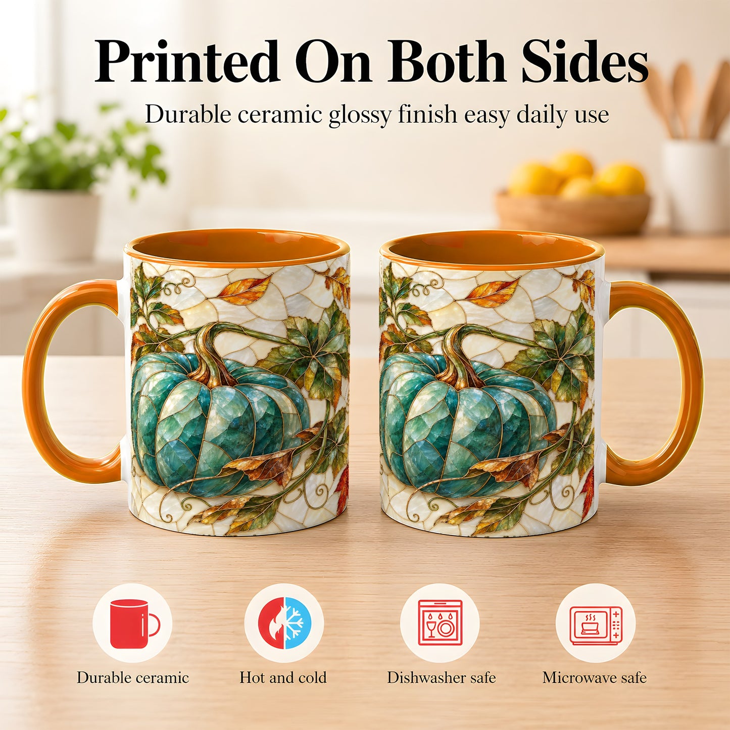 #pl[11oz|Orange] Mosaic Teal Pumpkin Coffee Mug, Fall Leaves Mug, Ceramic Cup