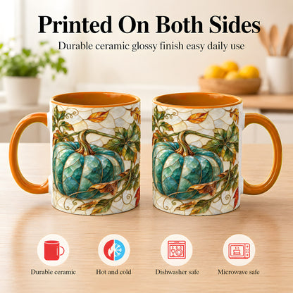 #pl[11oz|Orange] Mosaic Teal Pumpkin Coffee Mug, Fall Leaves Mug, Ceramic Cup