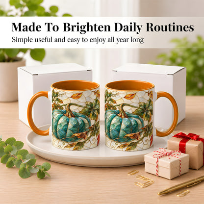 #pl[11oz|Orange] Mosaic Teal Pumpkin Coffee Mug, Fall Leaves Mug, Ceramic Cup