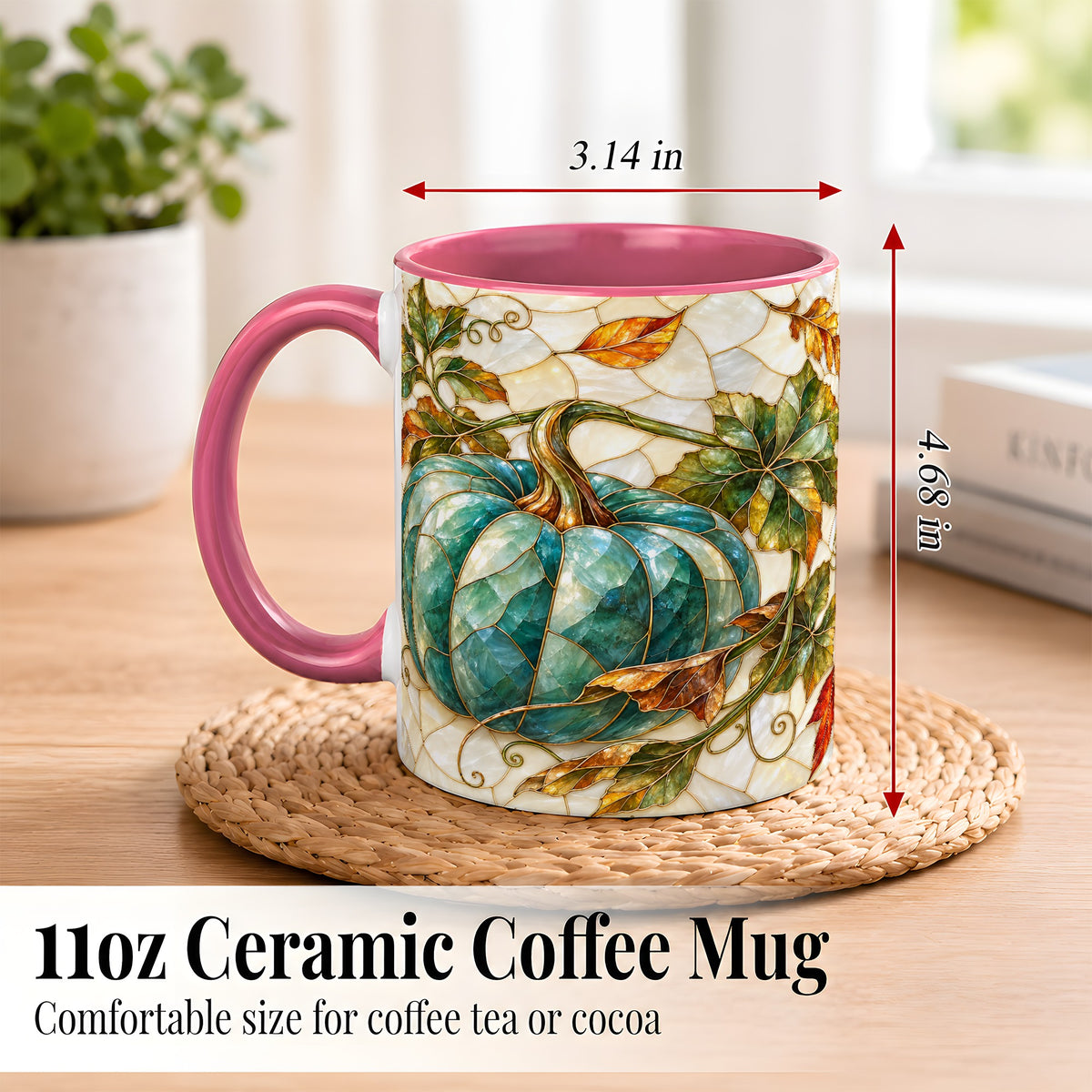 #pl[11oz|Pink] Mosaic Teal Pumpkin Coffee Mug, Fall Leaves Mug, Ceramic Cup
