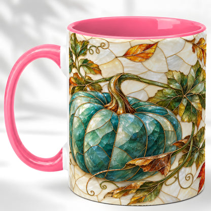 #pl[11oz|Pink] Mosaic Teal Pumpkin Coffee Mug, Fall Leaves Mug, Ceramic Cup