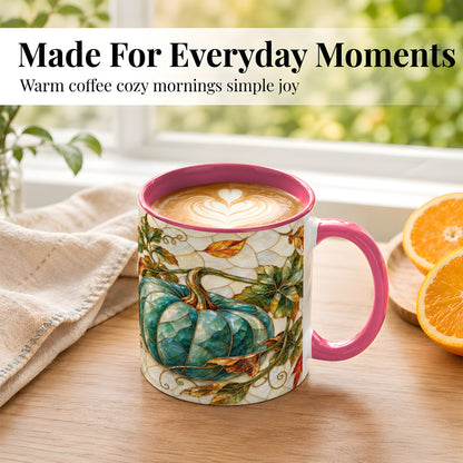 #pl[11oz|Pink] Mosaic Teal Pumpkin Coffee Mug, Fall Leaves Mug, Ceramic Cup