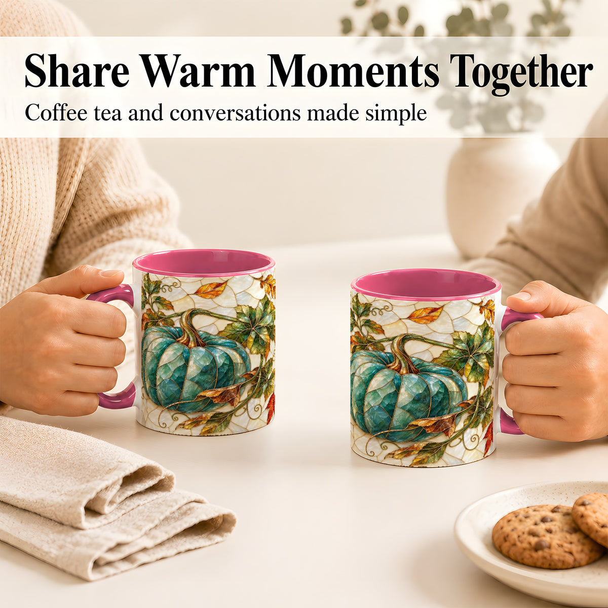 #pl[11oz|Pink] Mosaic Teal Pumpkin Coffee Mug, Fall Leaves Mug, Ceramic Cup