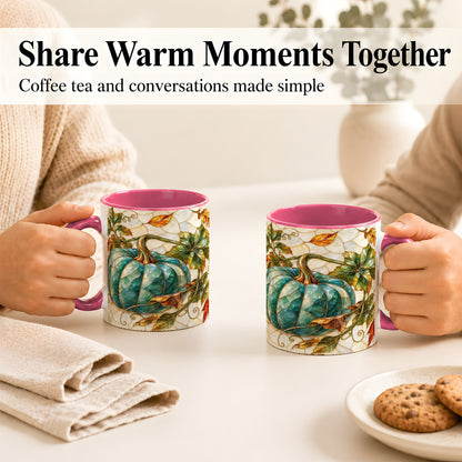 #pl[11oz|Pink] Mosaic Teal Pumpkin Coffee Mug, Fall Leaves Mug, Ceramic Cup