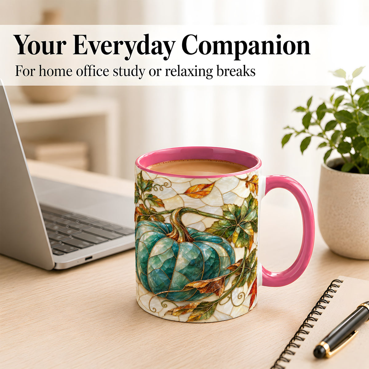 #pl[11oz|Pink] Mosaic Teal Pumpkin Coffee Mug, Fall Leaves Mug, Ceramic Cup