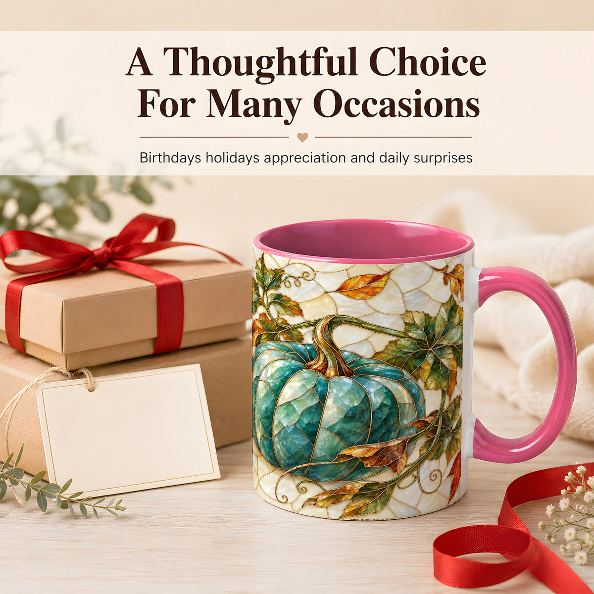 #pl[11oz|Pink] Mosaic Teal Pumpkin Coffee Mug, Fall Leaves Mug, Ceramic Cup