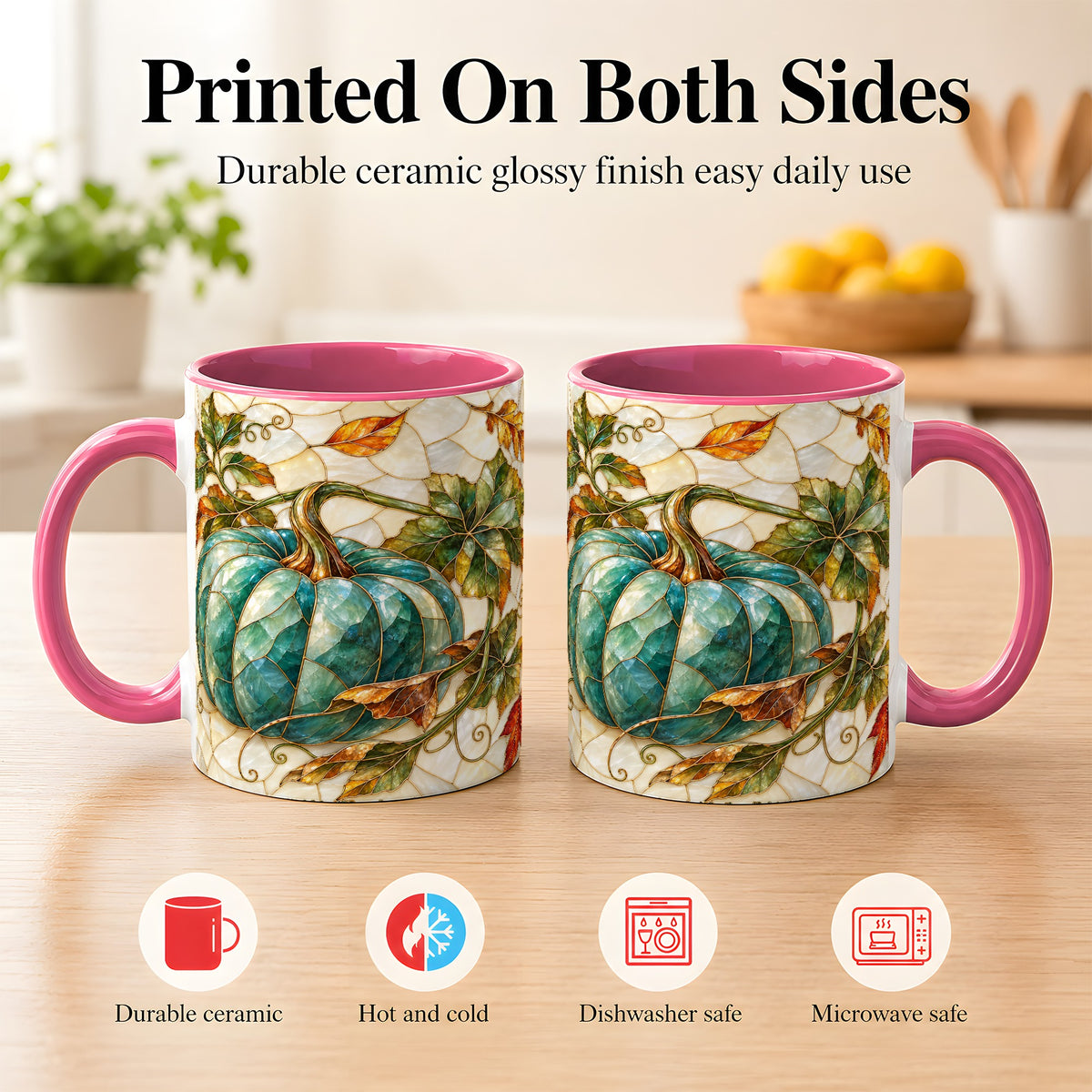 #pl[11oz|Pink] Mosaic Teal Pumpkin Coffee Mug, Fall Leaves Mug, Ceramic Cup