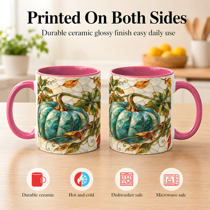 #pl[11oz|Pink] Mosaic Teal Pumpkin Coffee Mug, Fall Leaves Mug, Ceramic Cup