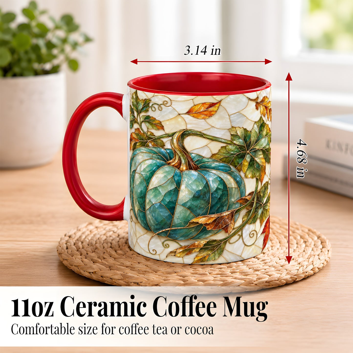 #pl[11oz|Red] Mosaic Teal Pumpkin Coffee Mug, Fall Leaves Mug, Ceramic Cup
