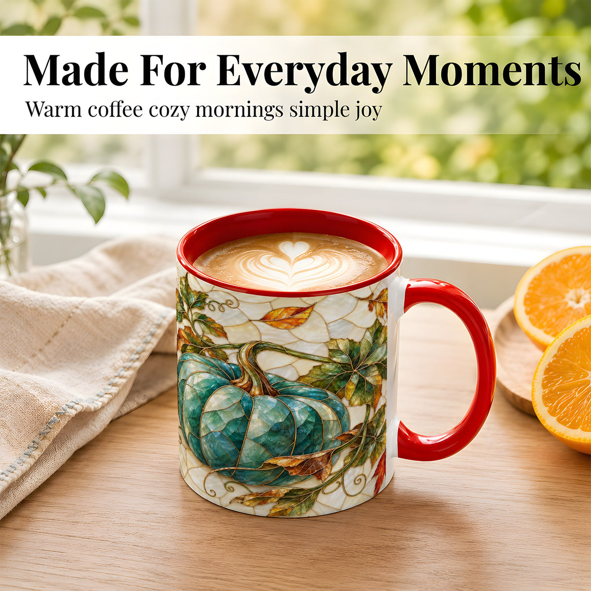 #pl[11oz|Red] Mosaic Teal Pumpkin Coffee Mug, Fall Leaves Mug, Ceramic Cup