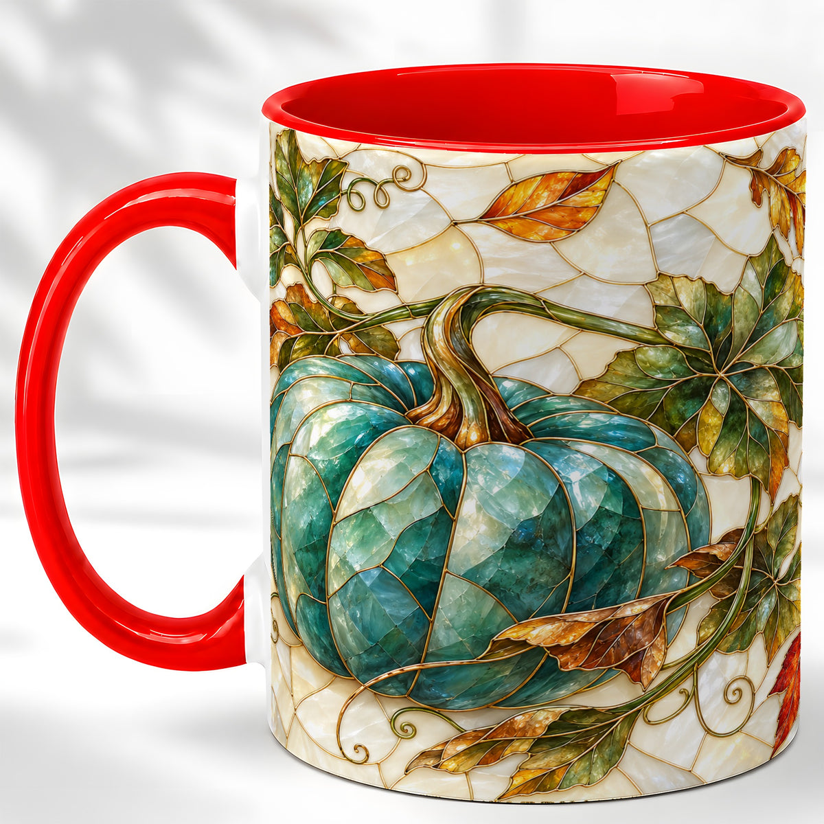 Mosaic Teal Pumpkin Coffee Mug, Fall Leaves Mug, Ceramic Cup