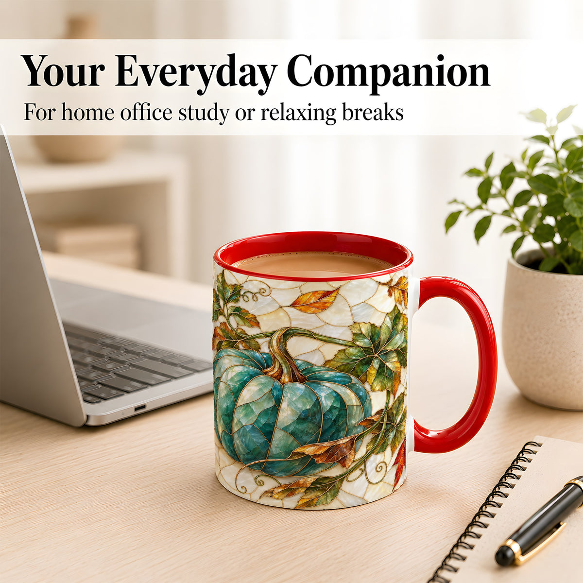 #pl[11oz|Red] Mosaic Teal Pumpkin Coffee Mug, Fall Leaves Mug, Ceramic Cup