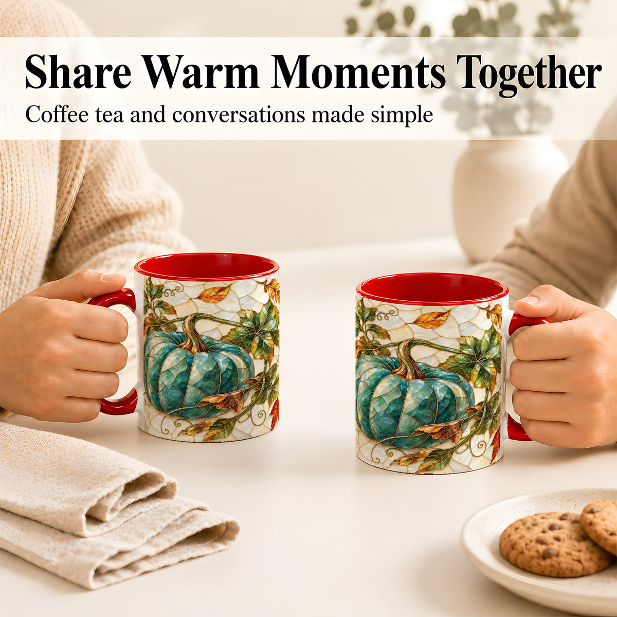 #pl[11oz|Red] Mosaic Teal Pumpkin Coffee Mug, Fall Leaves Mug, Ceramic Cup