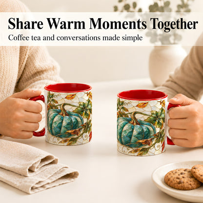 #pl[11oz|Red] Mosaic Teal Pumpkin Coffee Mug, Fall Leaves Mug, Ceramic Cup