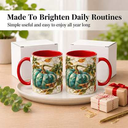 #pl[11oz|Red] Mosaic Teal Pumpkin Coffee Mug, Fall Leaves Mug, Ceramic Cup