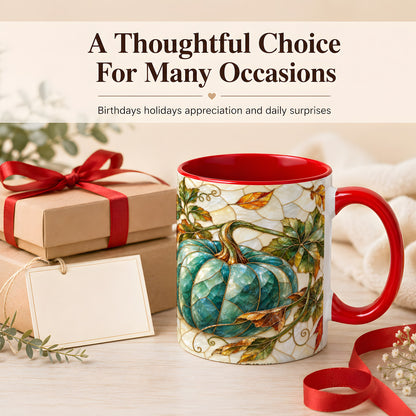 #pl[11oz|Red] Mosaic Teal Pumpkin Coffee Mug, Fall Leaves Mug, Ceramic Cup
