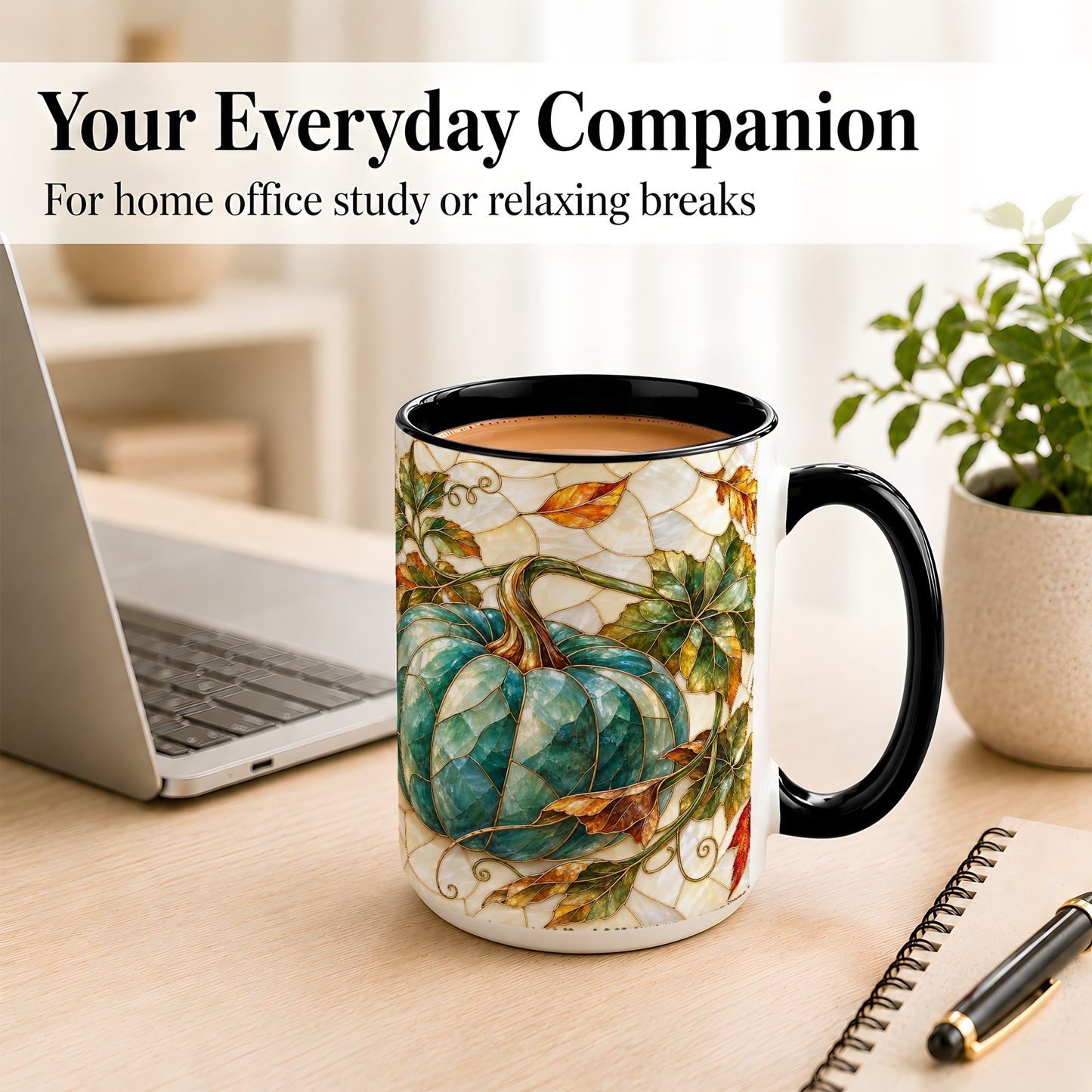 #pl[15oz|Black] Mosaic Teal Pumpkin Coffee Mug, Fall Leaves Mug, Ceramic Cup