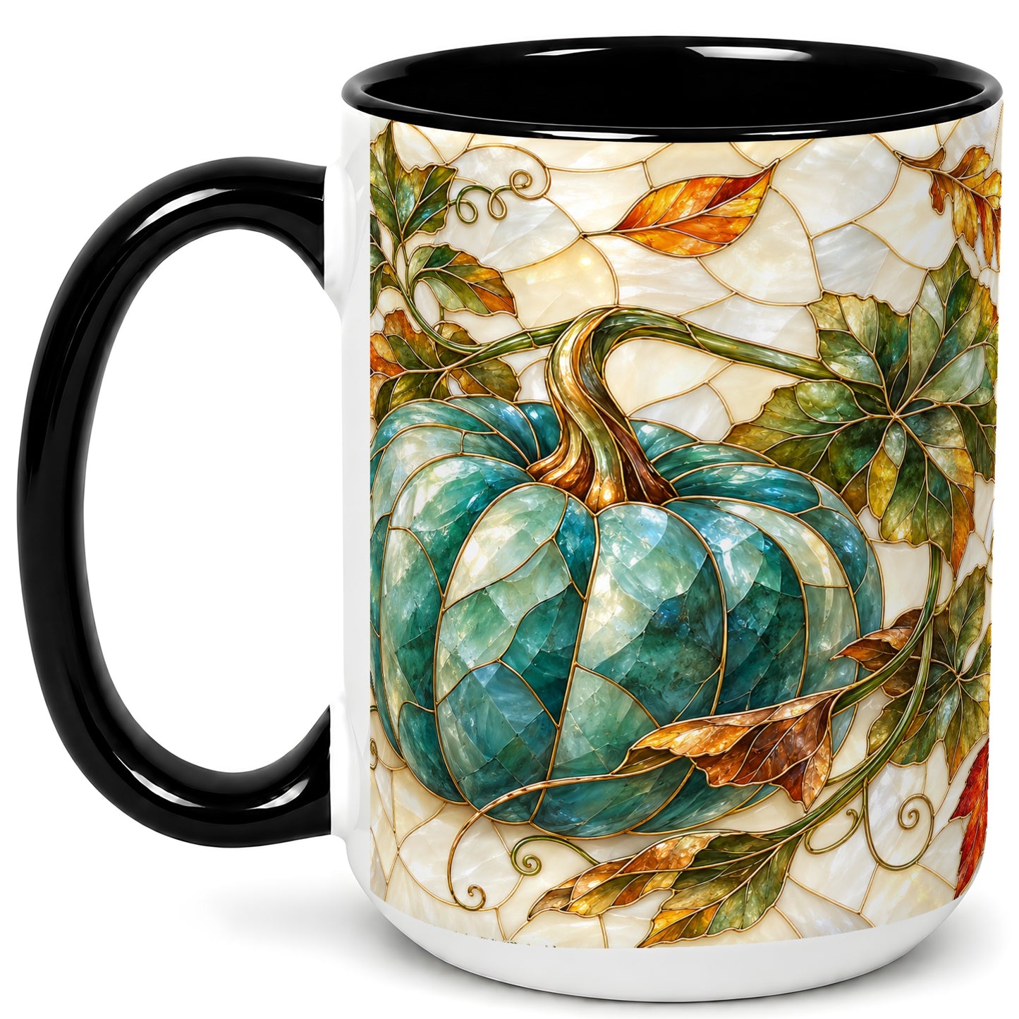 #pl[15oz|Black] Mosaic Teal Pumpkin Coffee Mug, Fall Leaves Mug, Ceramic Cup