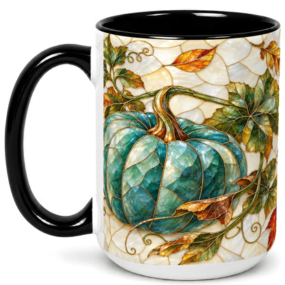 #pl[15oz|Black] Mosaic Teal Pumpkin Coffee Mug, Fall Leaves Mug, Ceramic Cup