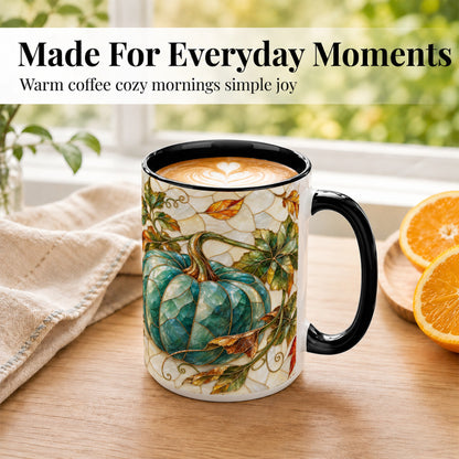 #pl[15oz|Black] Mosaic Teal Pumpkin Coffee Mug, Fall Leaves Mug, Ceramic Cup