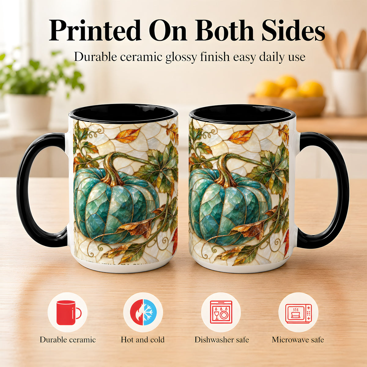 #pl[15oz|Black] Mosaic Teal Pumpkin Coffee Mug, Fall Leaves Mug, Ceramic Cup