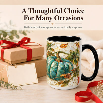 #pl[15oz|Black] Mosaic Teal Pumpkin Coffee Mug, Fall Leaves Mug, Ceramic Cup