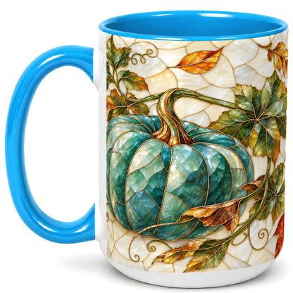 #pl[15oz|Blue] Mosaic Teal Pumpkin Coffee Mug, Fall Leaves Mug, Ceramic Cup