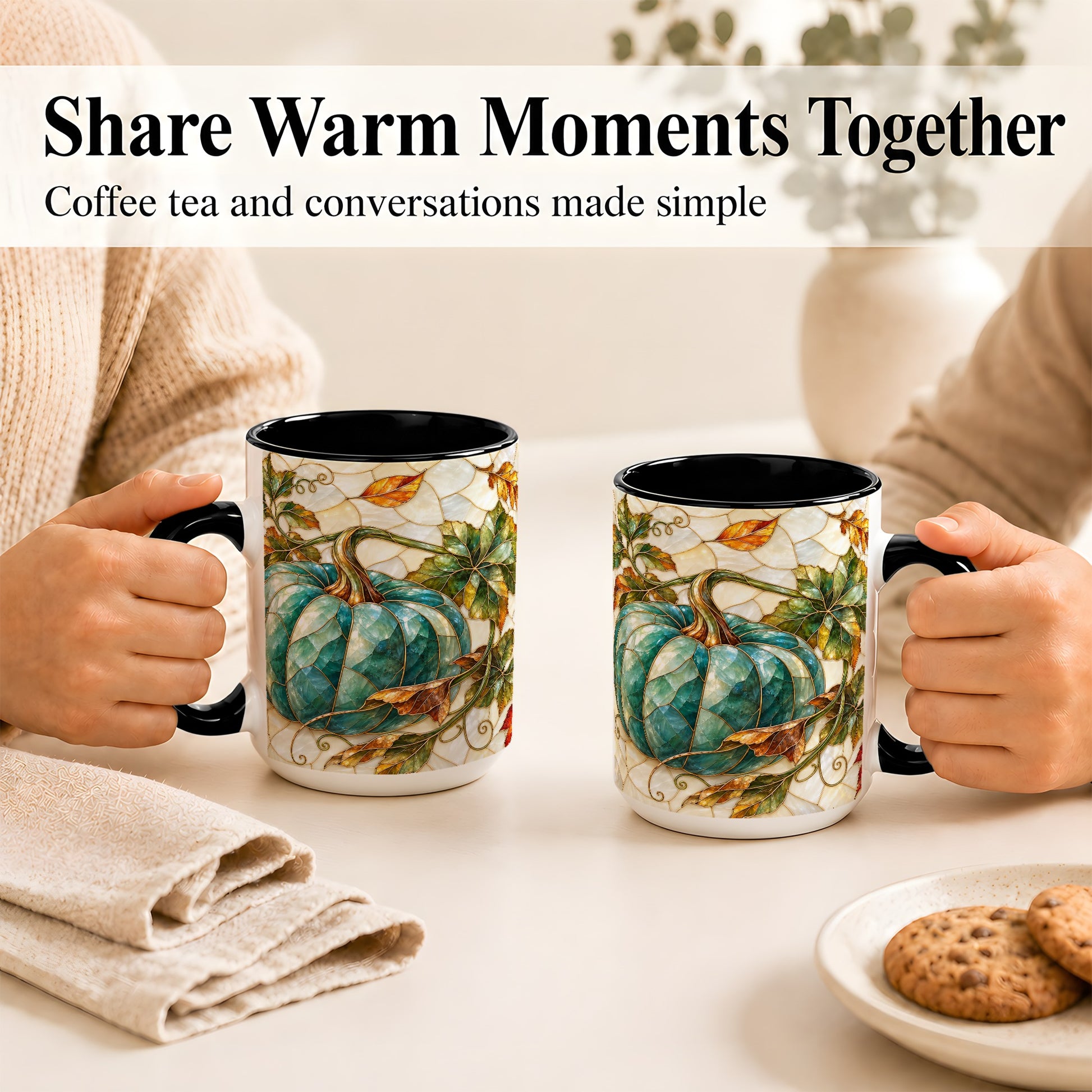 #pl[15oz|Black] Mosaic Teal Pumpkin Coffee Mug, Fall Leaves Mug, Ceramic Cup