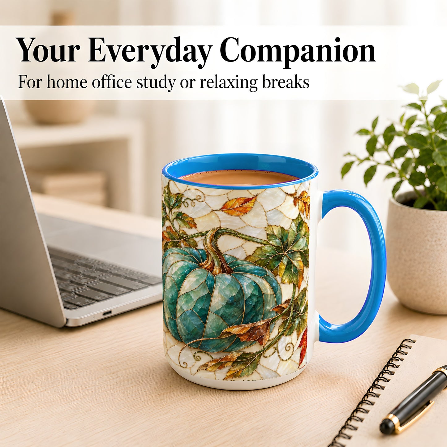 #pl[15oz|Blue] Mosaic Teal Pumpkin Coffee Mug, Fall Leaves Mug, Ceramic Cup