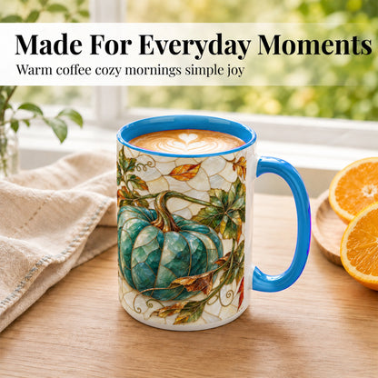 #pl[15oz|Blue] Mosaic Teal Pumpkin Coffee Mug, Fall Leaves Mug, Ceramic Cup