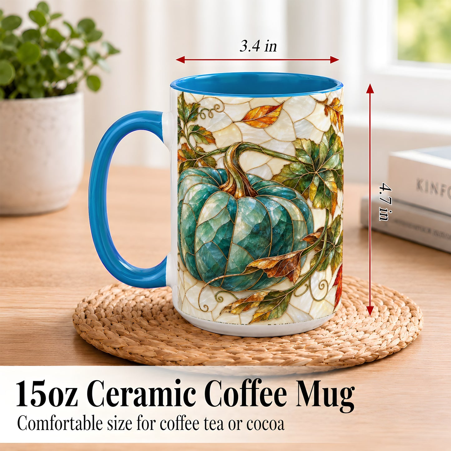 #pl[15oz|Blue] Mosaic Teal Pumpkin Coffee Mug, Fall Leaves Mug, Ceramic Cup