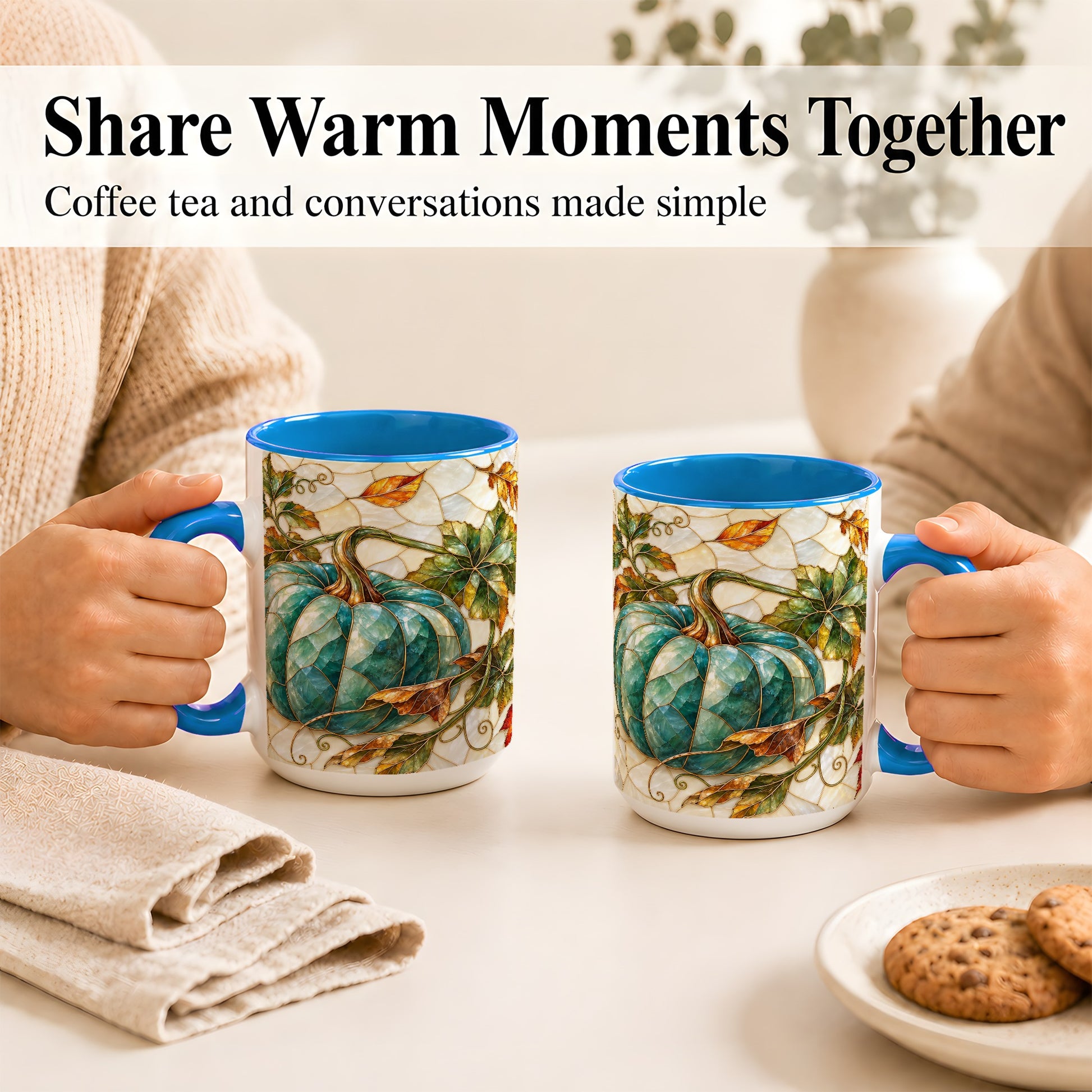 #pl[15oz|Blue] Mosaic Teal Pumpkin Coffee Mug, Fall Leaves Mug, Ceramic Cup