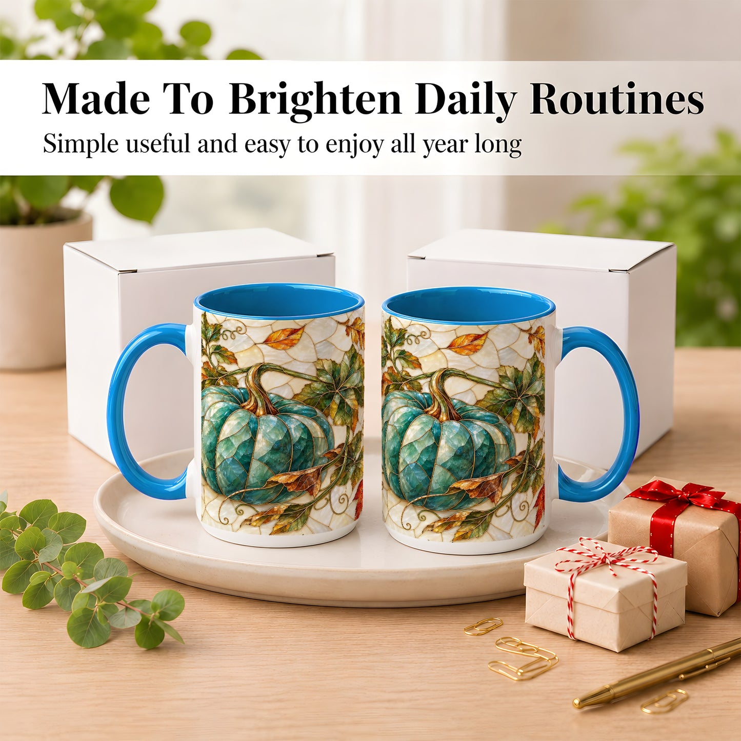 #pl[15oz|Blue] Mosaic Teal Pumpkin Coffee Mug, Fall Leaves Mug, Ceramic Cup