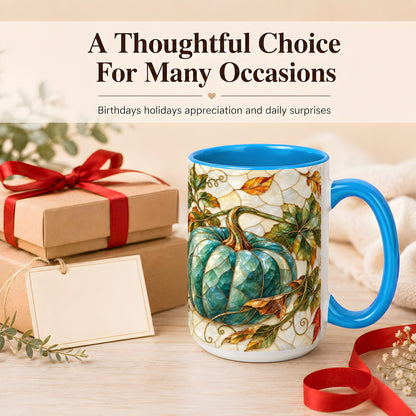 #pl[15oz|Blue] Mosaic Teal Pumpkin Coffee Mug, Fall Leaves Mug, Ceramic Cup