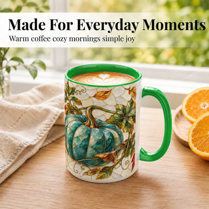 #pl[15oz|Green] Mosaic Teal Pumpkin Coffee Mug, Fall Leaves Mug, Ceramic Cup