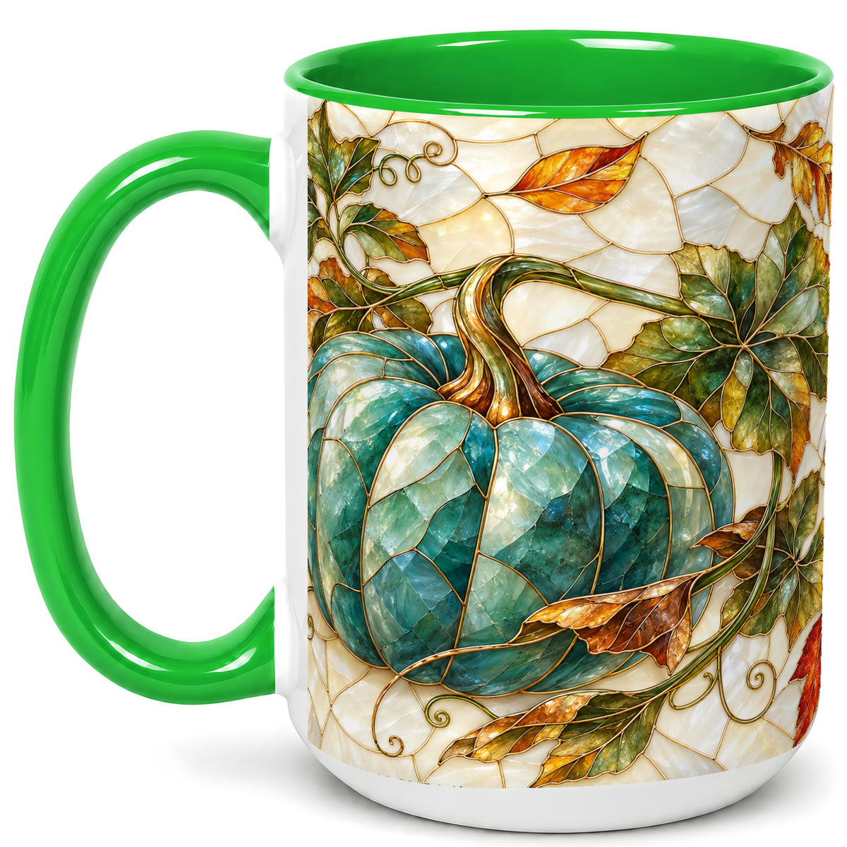 #pl[15oz|Green] Mosaic Teal Pumpkin Coffee Mug, Fall Leaves Mug, Ceramic Cup