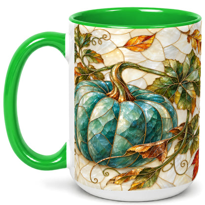 #pl[15oz|Green] Mosaic Teal Pumpkin Coffee Mug, Fall Leaves Mug, Ceramic Cup