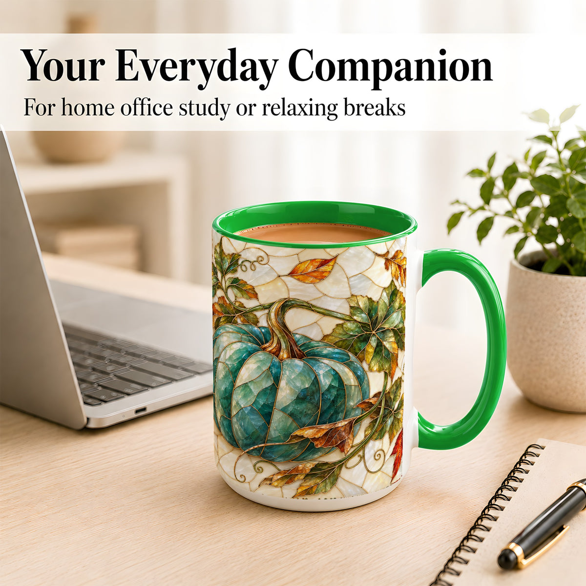 #pl[15oz|Green] Mosaic Teal Pumpkin Coffee Mug, Fall Leaves Mug, Ceramic Cup