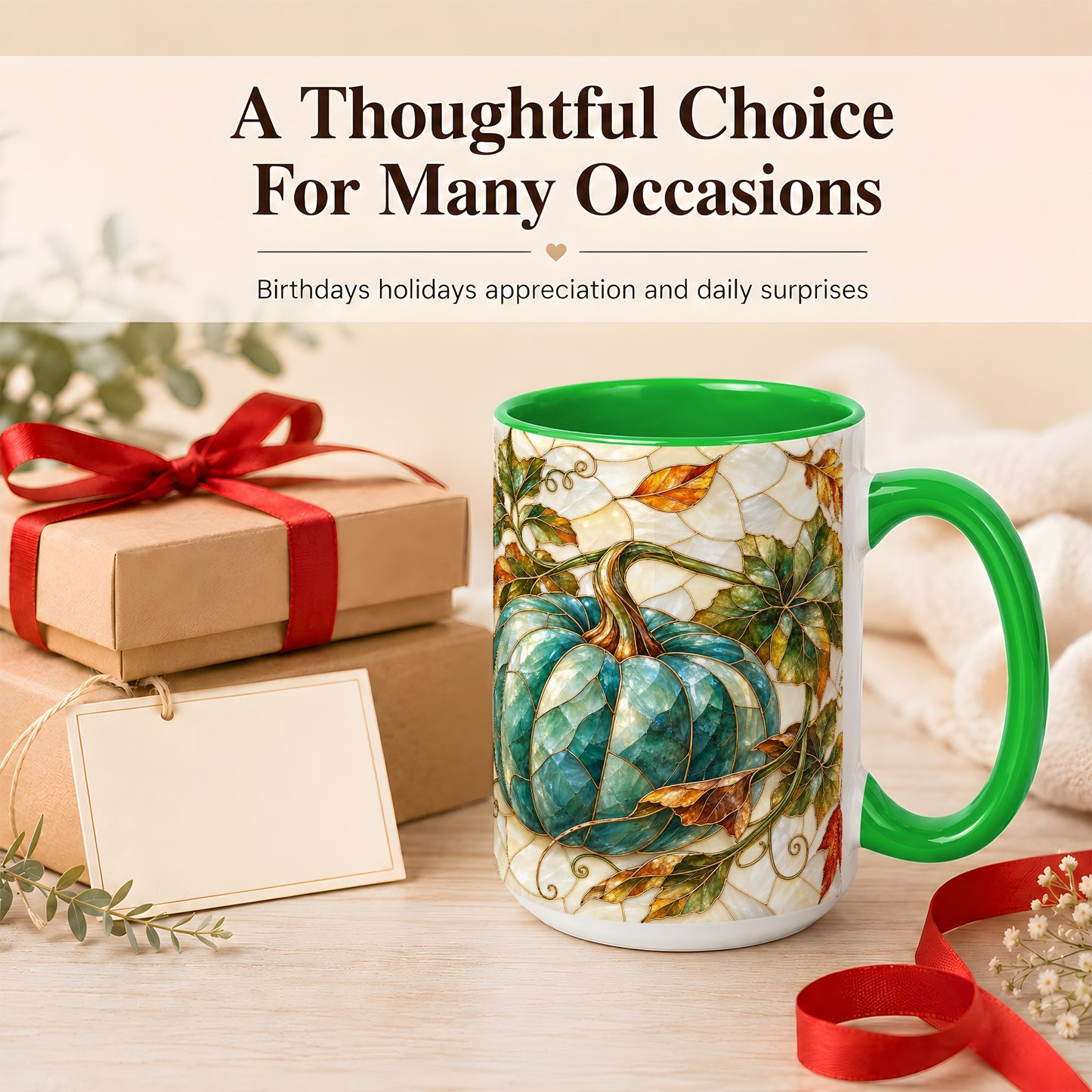 #pl[15oz|Green] Mosaic Teal Pumpkin Coffee Mug, Fall Leaves Mug, Ceramic Cup