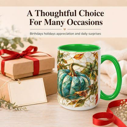 #pl[15oz|Green] Mosaic Teal Pumpkin Coffee Mug, Fall Leaves Mug, Ceramic Cup