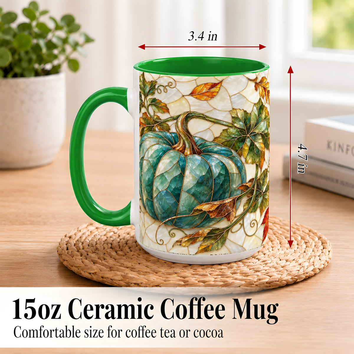 #pl[15oz|Green] Mosaic Teal Pumpkin Coffee Mug, Fall Leaves Mug, Ceramic Cup