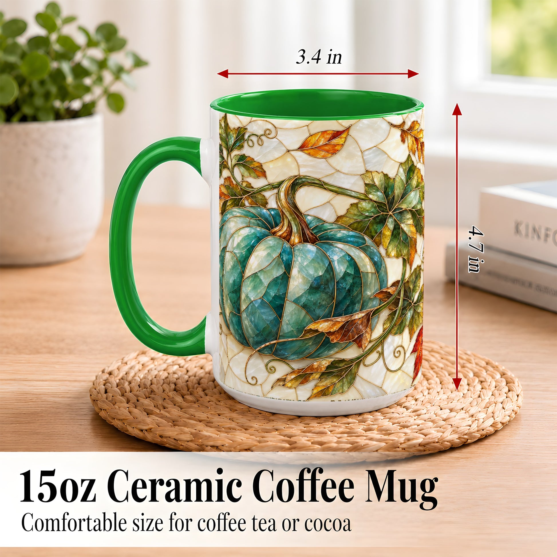 #pl[15oz|Green] Mosaic Teal Pumpkin Coffee Mug, Fall Leaves Mug, Ceramic Cup