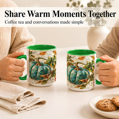 #pl[15oz|Green] Mosaic Teal Pumpkin Coffee Mug, Fall Leaves Mug, Ceramic Cup